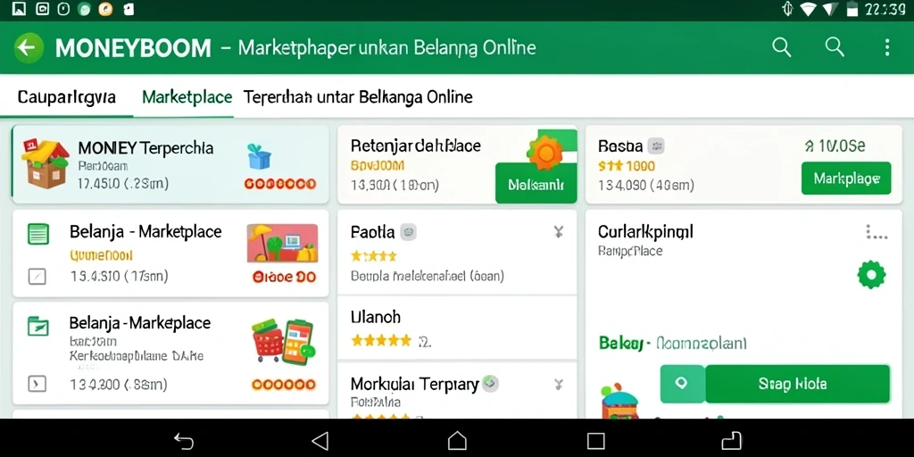 Tampilan utama MONEYBOOM dengan berbagai pilihan produk Marketplace.